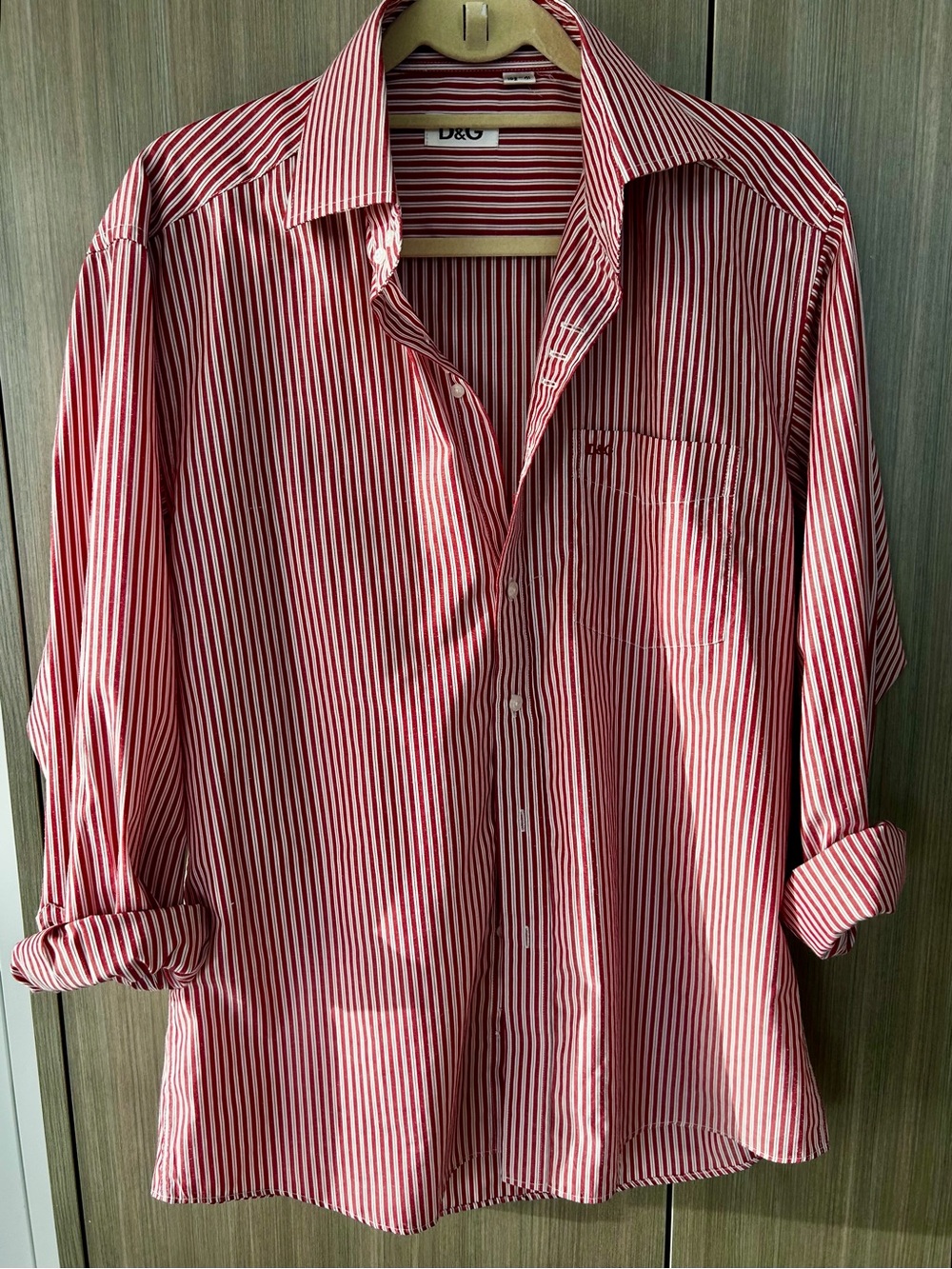 D&G Red and White Vertical Stripe Men's Button-Down Shirt